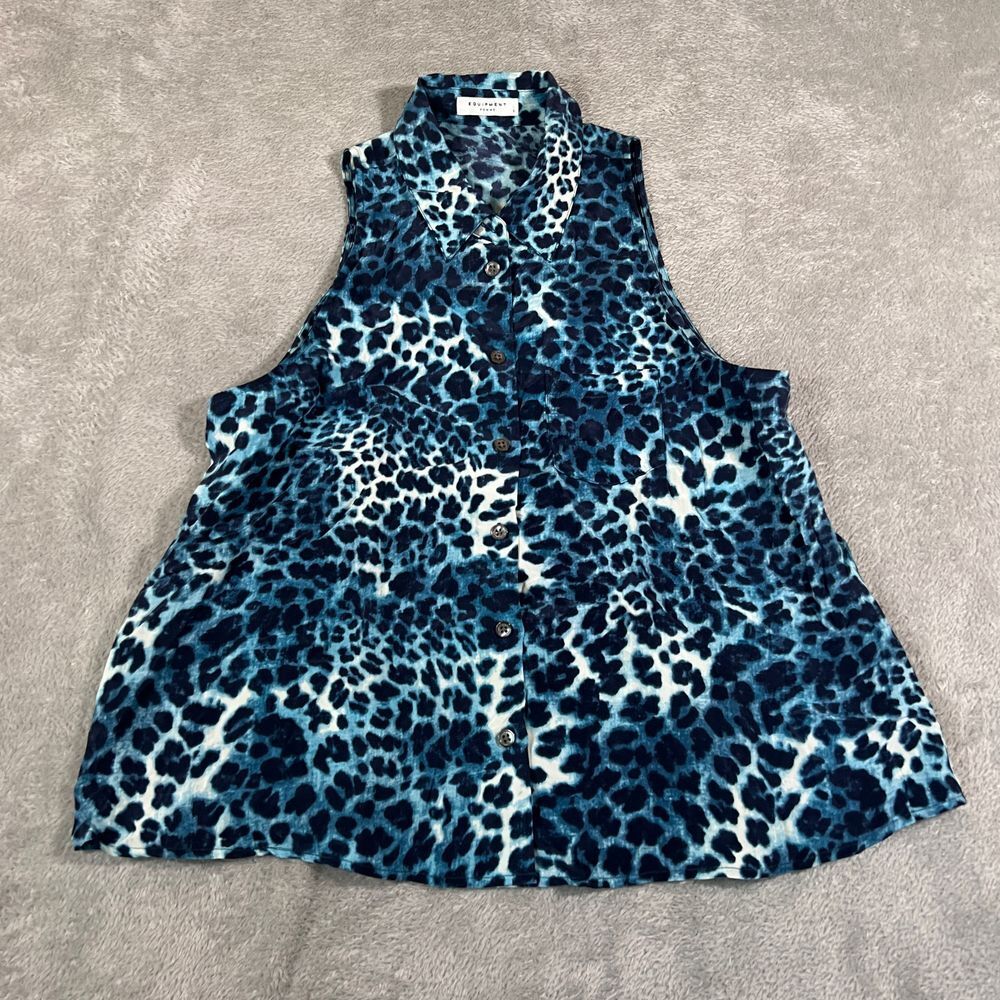 Equipment Femme Womens Blouse Blue Leopard Print Sleeveless Button Down Size S